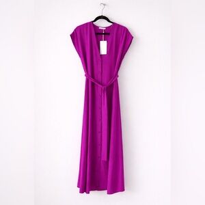 ZARA Fuchsia Belted Midi Dress Button Front Tie Waist | Size Small | NWT